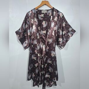 Vintage R MICHAEL ALAN Satin Nightgown And Robe SET S Brown Pink Paisley Floral